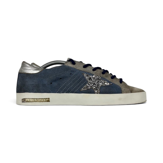 Golden goose Superstar blu in pelle scamosciata con stella argento brill. e talloncini metallizzati 38