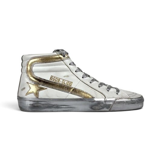 Golden goose Slide bianche con fascia argento, stella e striscia oro 39
