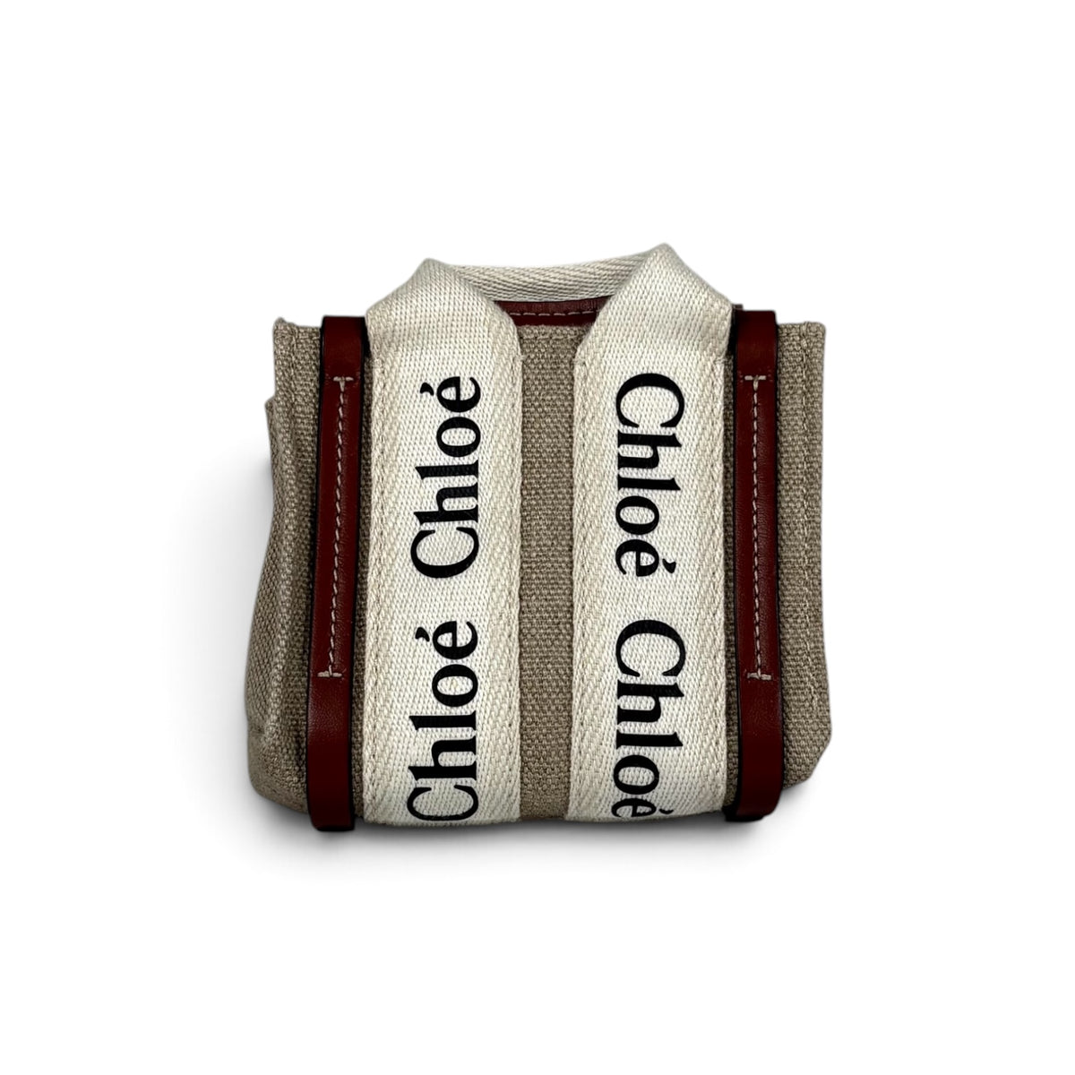 Chloé Mini Tote Woody beige in lino e cotone con manici logati