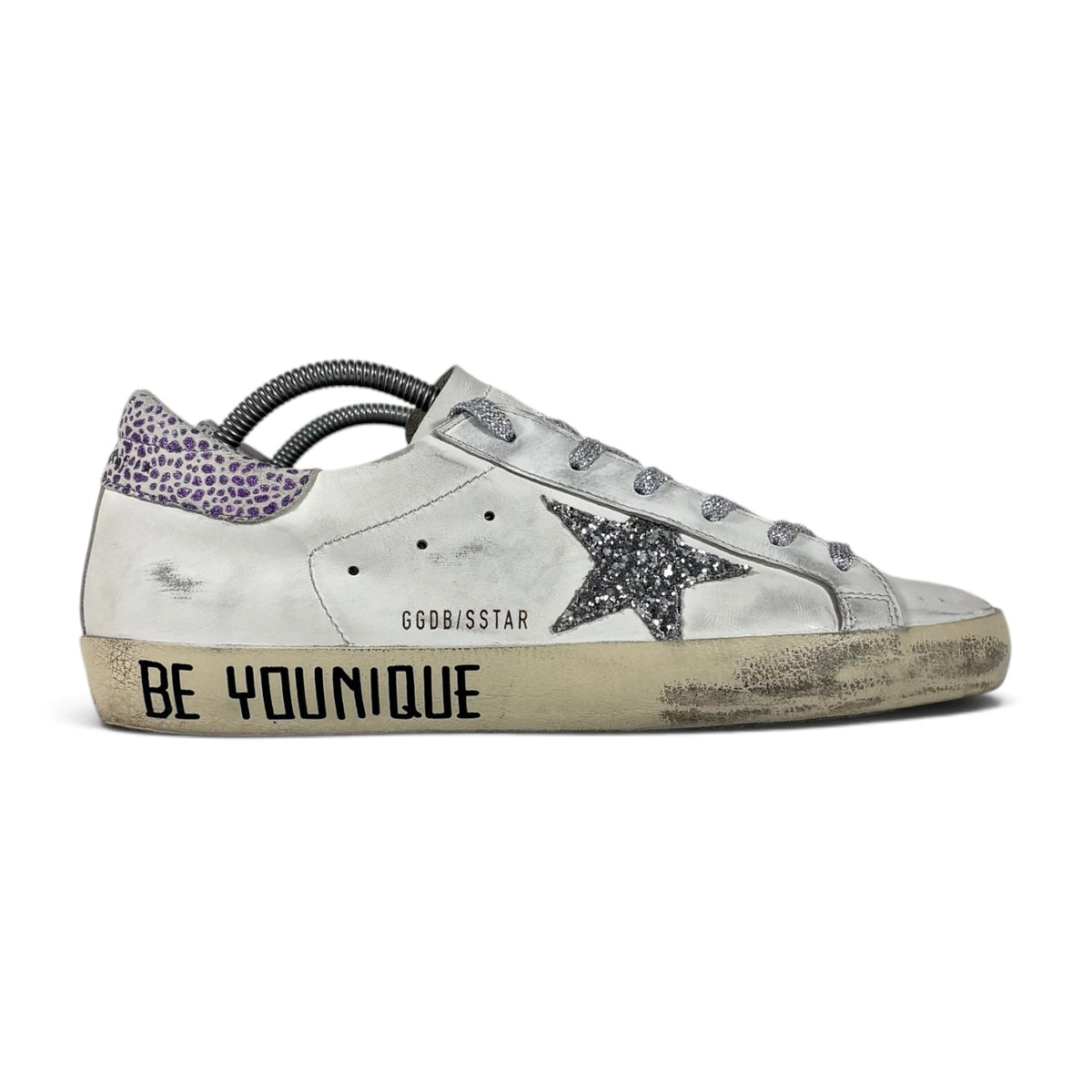 Golden goose Superstar bianche con stella argento e talloncini bianchi con macchie viola 41