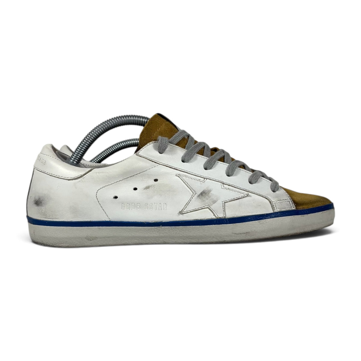 Golden goose Superstar bianche con linguetta marrone chiaro e linea blu sulla fascia della suola 39