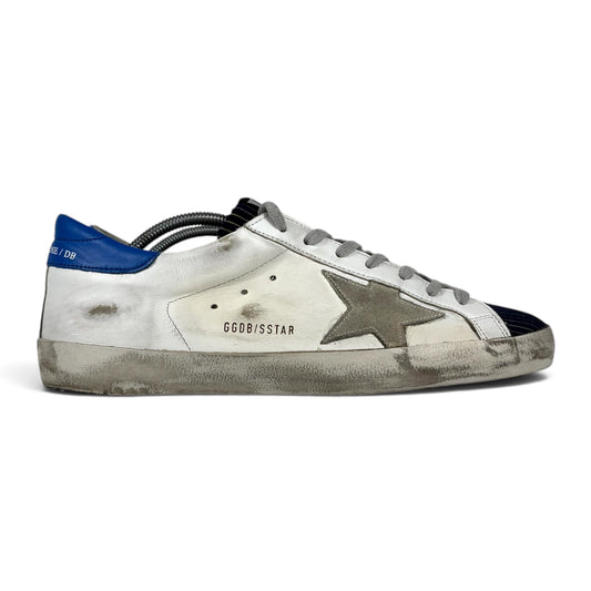 Golden goose Superstar bianche in pelle con linguetta in velluto blu e talloncini blu 41