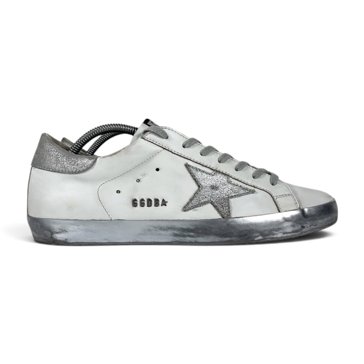 Golden goose Superstar bianche con stella, talloncini e fascia-suole argento 42